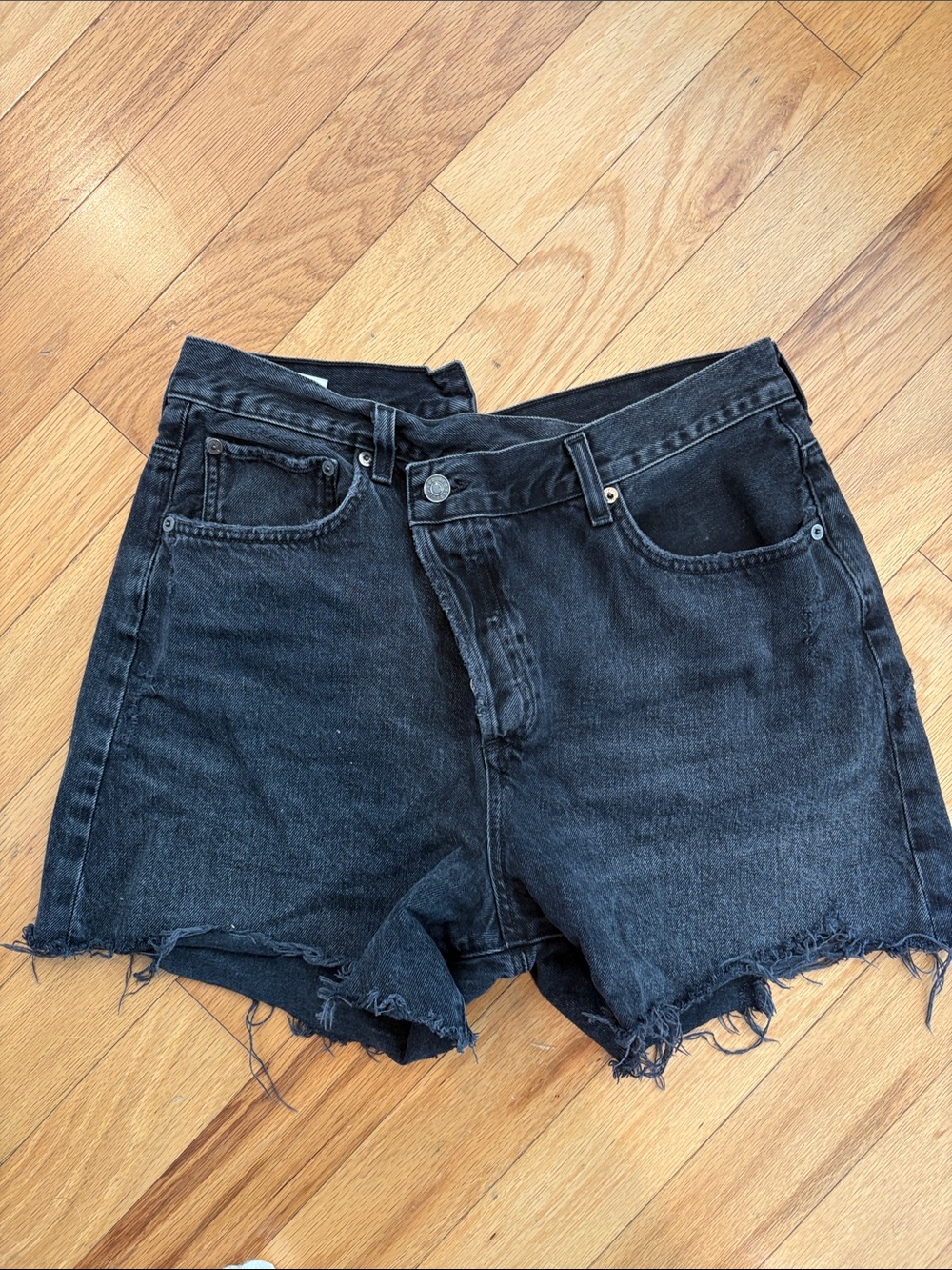 Agolde Black High-Rise Frayed Denim Shorts